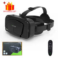 Black VR headset with adjustable straps, smartphone inserted in front, box, and remote.