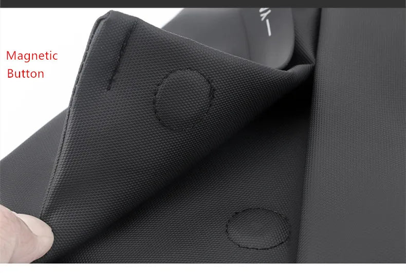 Close-up of a black anti-theft crossbody sling bag featuring a secure, concealed magnetic button fastening.