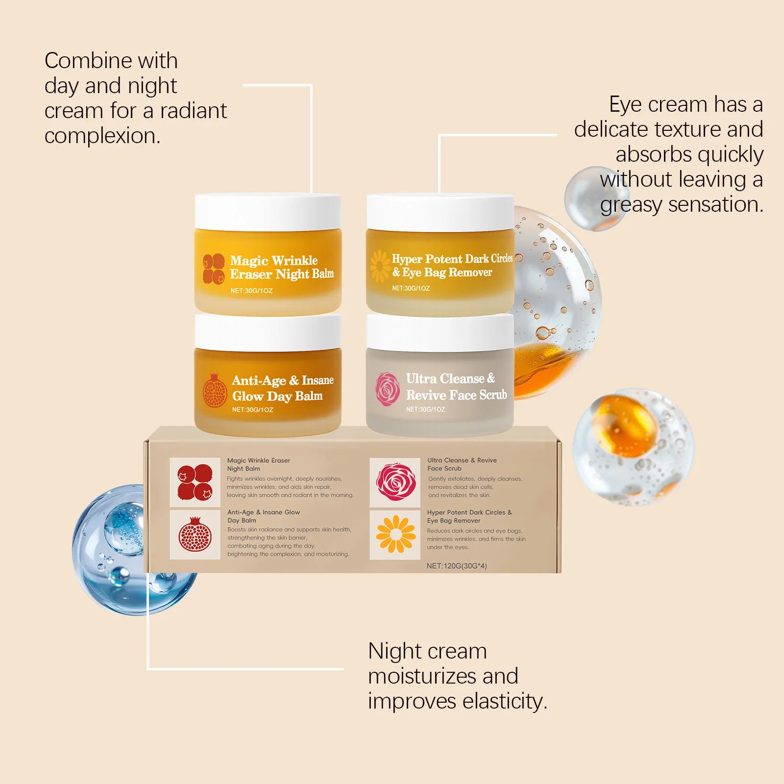 Four-piece skincare set in frosted amber jars with white lids, featuring day/night balms, eye cream, and face scrub.