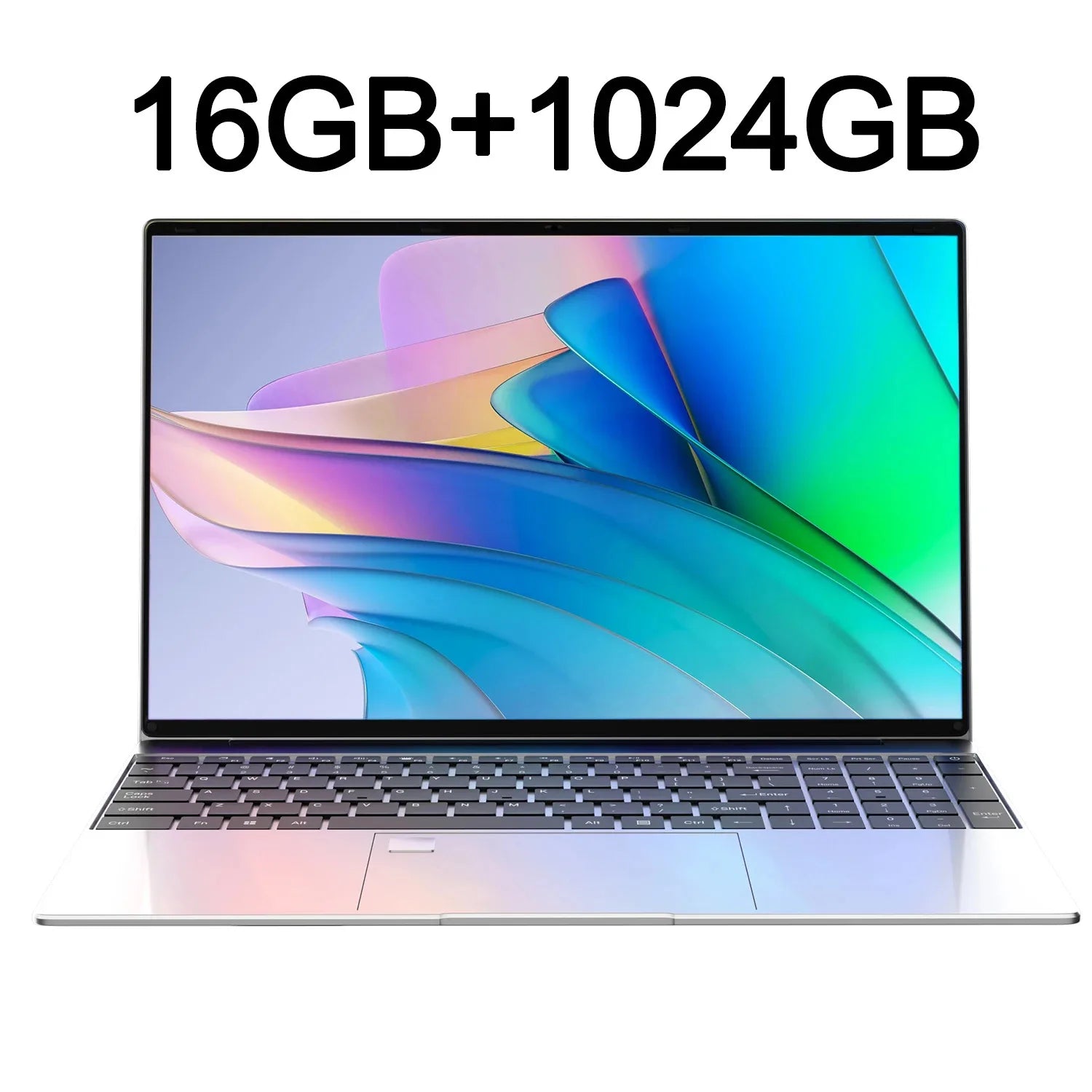 Slim silver 15.6-inch laptop with a vibrant, abstract-patterned screen and a full-size backlit keyboard.