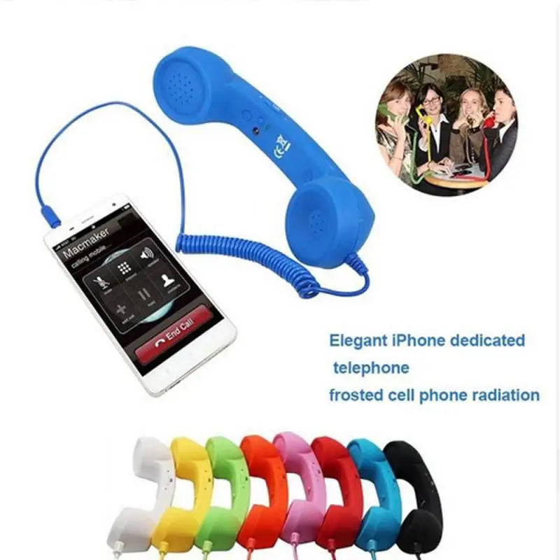 Bright blue retro-style telephone handset for smartphones with a coiled cable and a soft, matte finish.