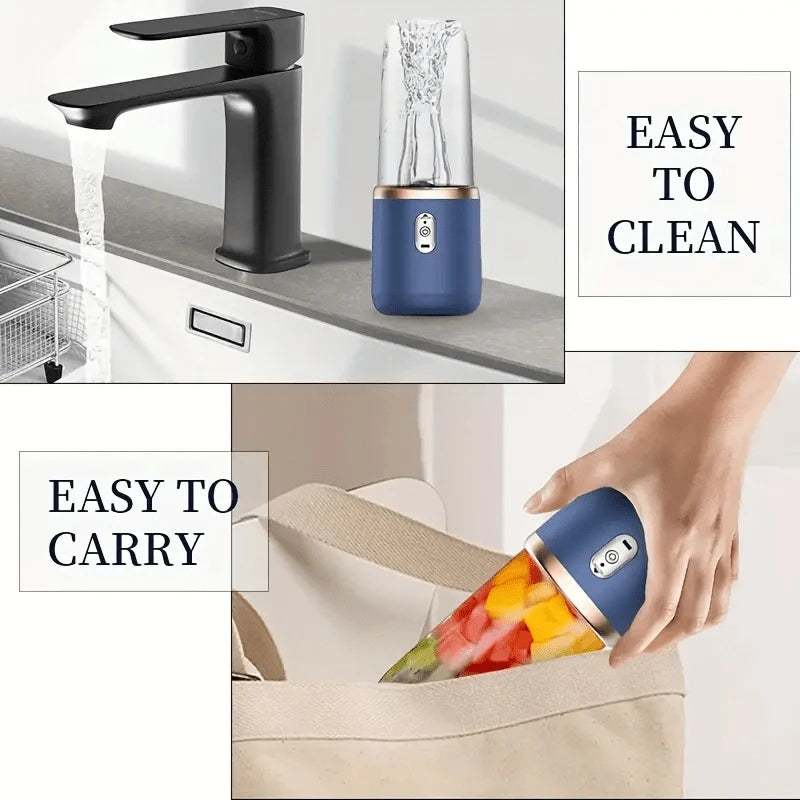 A portable, blue and gold personal blender being cleaned and carried in a bag.