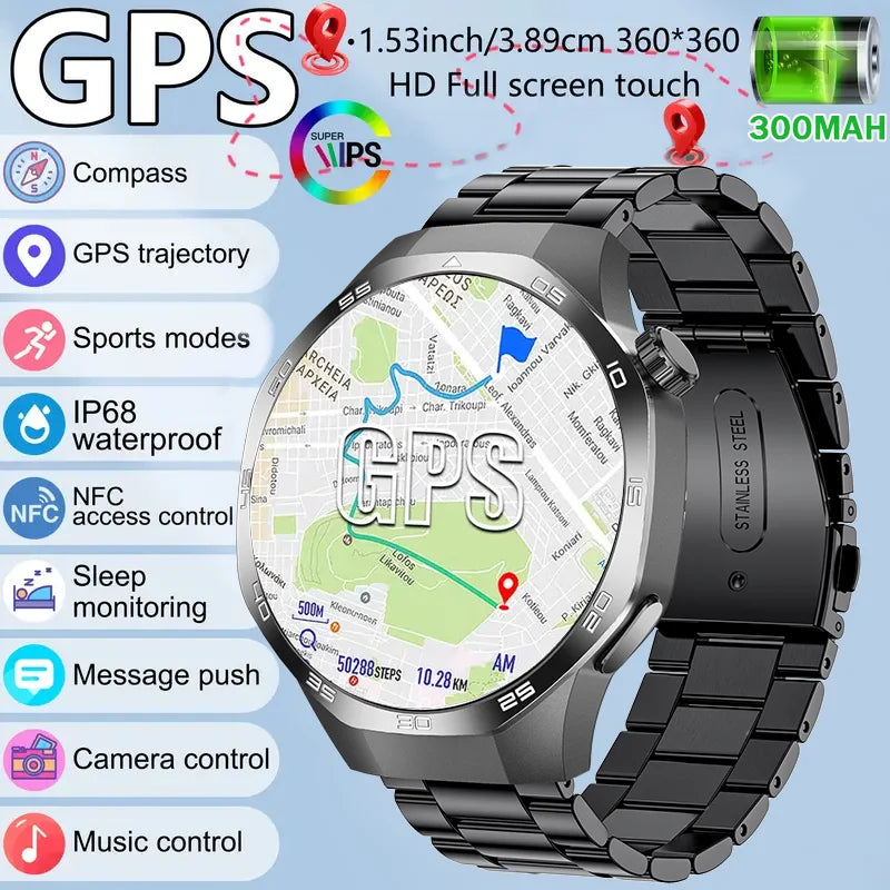 Black stainless steel smartwatch with a round HD touchscreen displaying a GPS map interface.