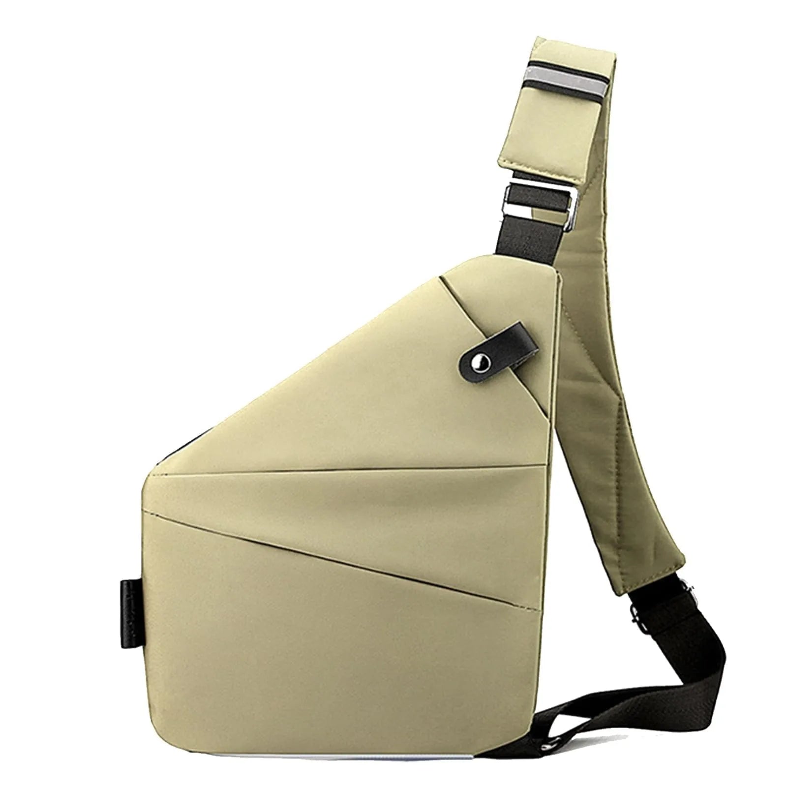 Beige slim-profile waterproof chest bag with a diagonal zip, adjustable strap, and secure button-fastening pocket.