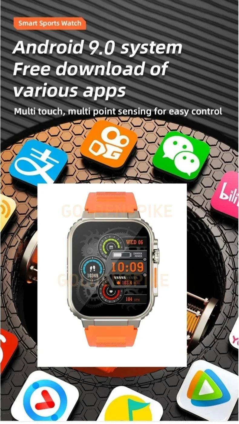 Orange 4G Android smartwatch with a digital touchscreen, rotating camera, and textured silicone strap.