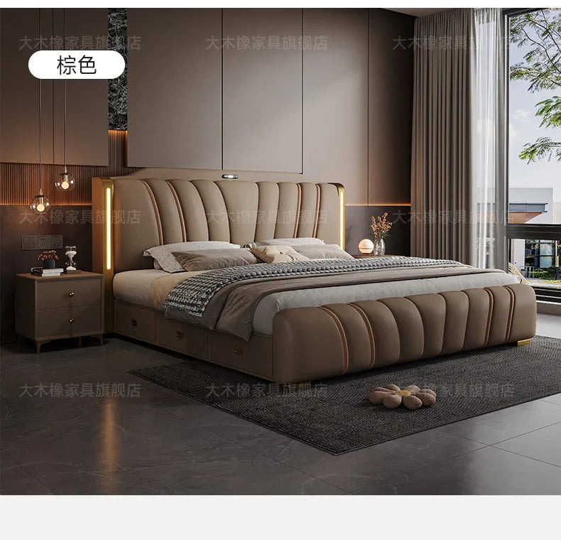 Luxury brown upholstered bed featuring a modern channel-tufted design with integrated vertical headboard lighting.