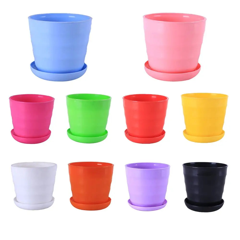 A grid of ten colorful plastic flower pots with matching saucers, each featuring a subtle horizontal ridged design.