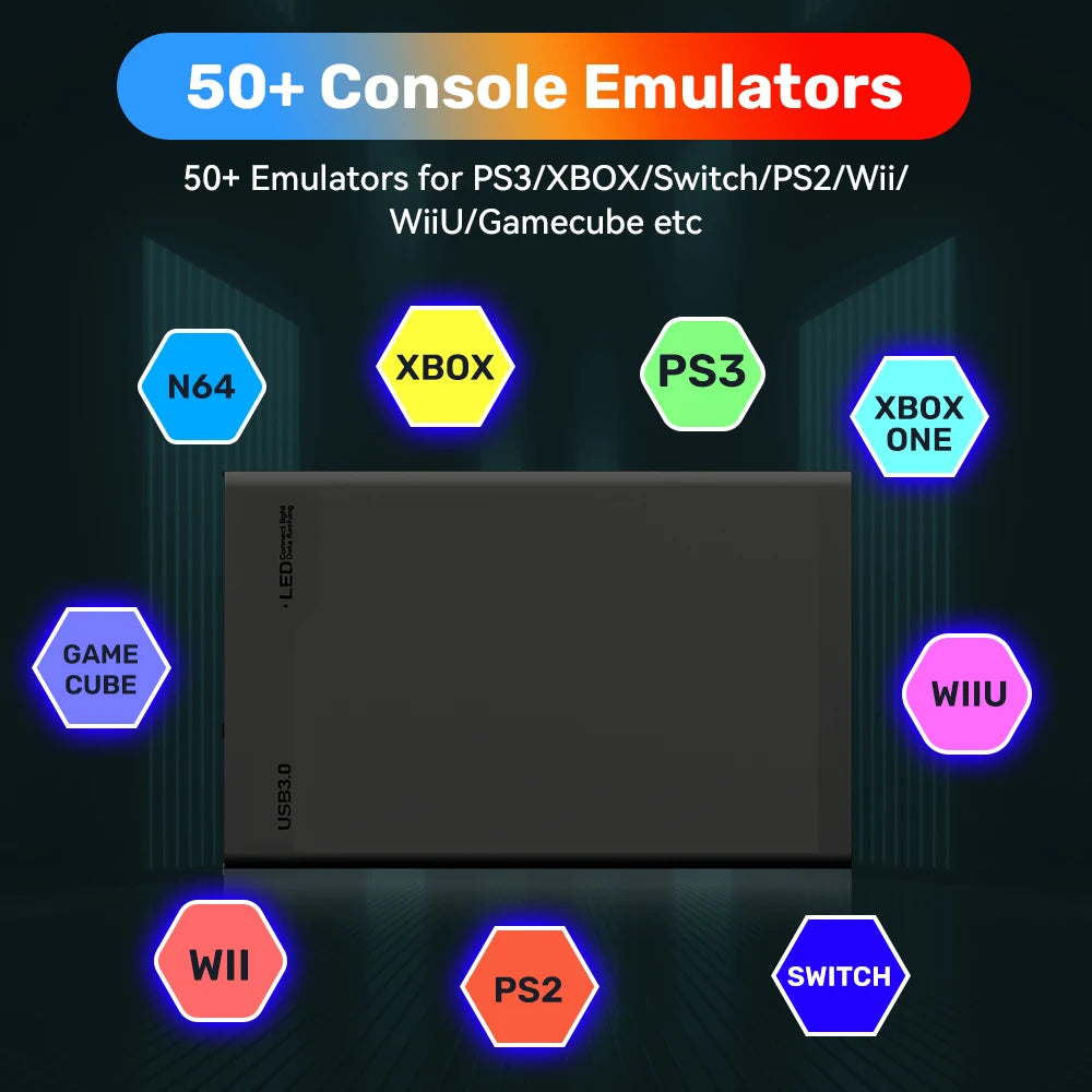 Black rectangular 500GB gaming HDD surrounded by glowing neon icons for N4, Xbox, PS3, WiiU, Switch, and other consoles.