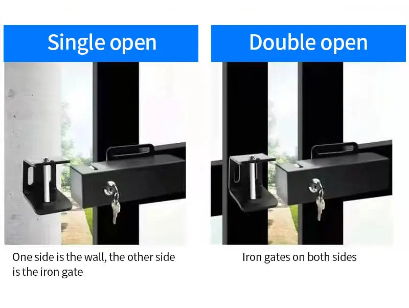 Black metal gate lock with key, showing single wall and double gate installation options.
