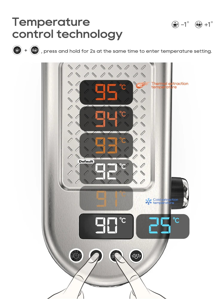 An espresso machine's digital display panel showing temperature settings from 90°C to 95°C and 25°C.