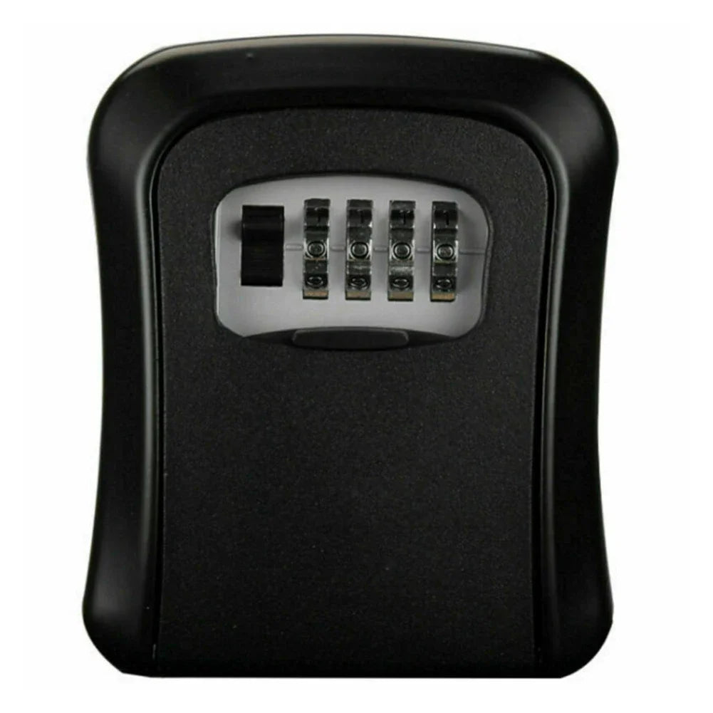 Black metal wall-mounted key lock box with a four-digit combination dial and release slider.