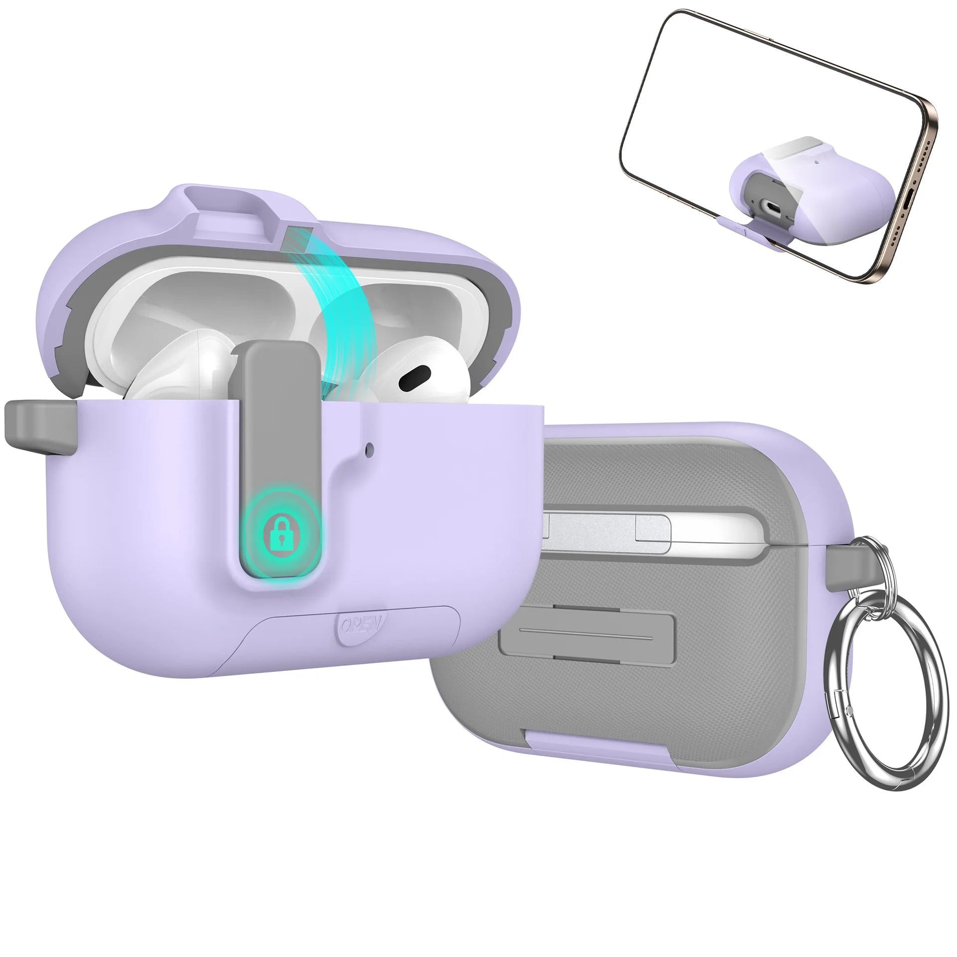Lilac purple silicone locking case for AirPods Pro with carabiner and built-in phone stand.