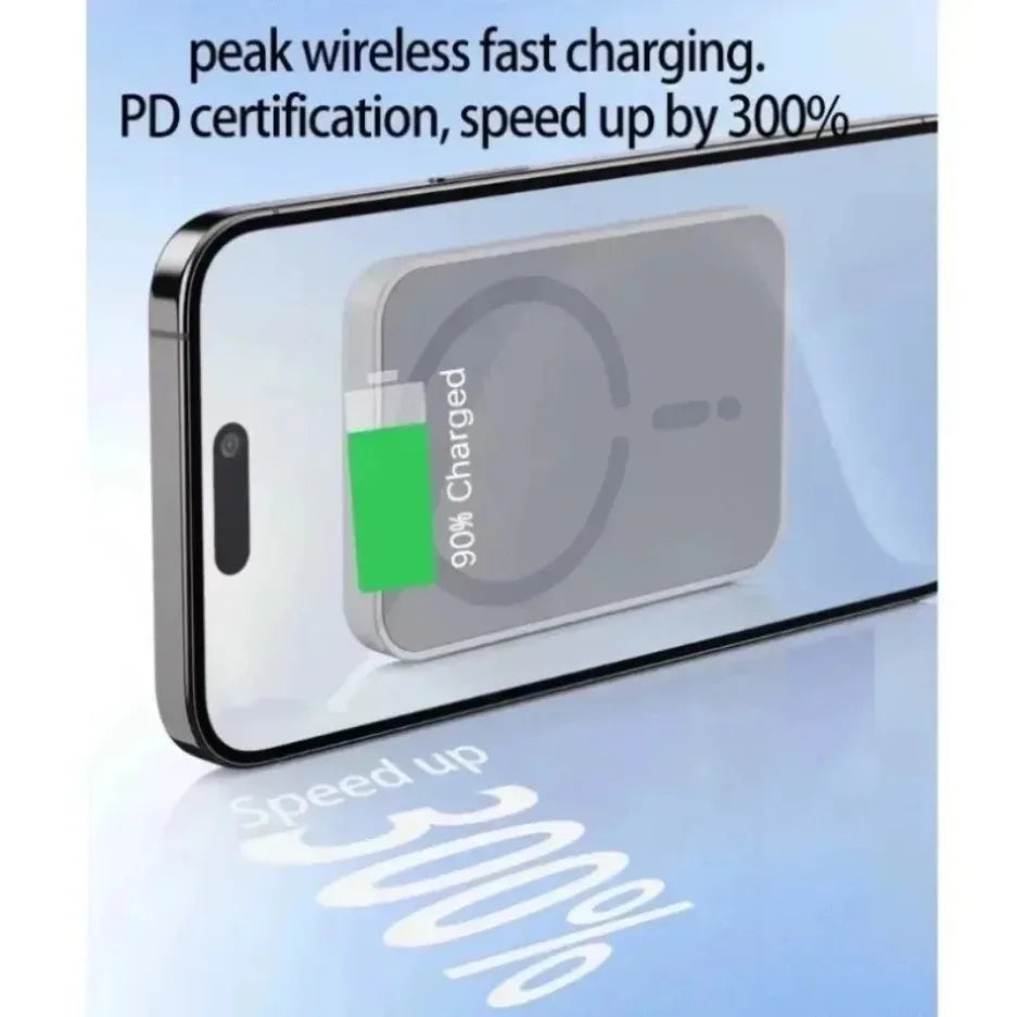 A sleek, grey magnetic wireless power bank attached to a smartphone, showing a 90% charge status on a light blue background.