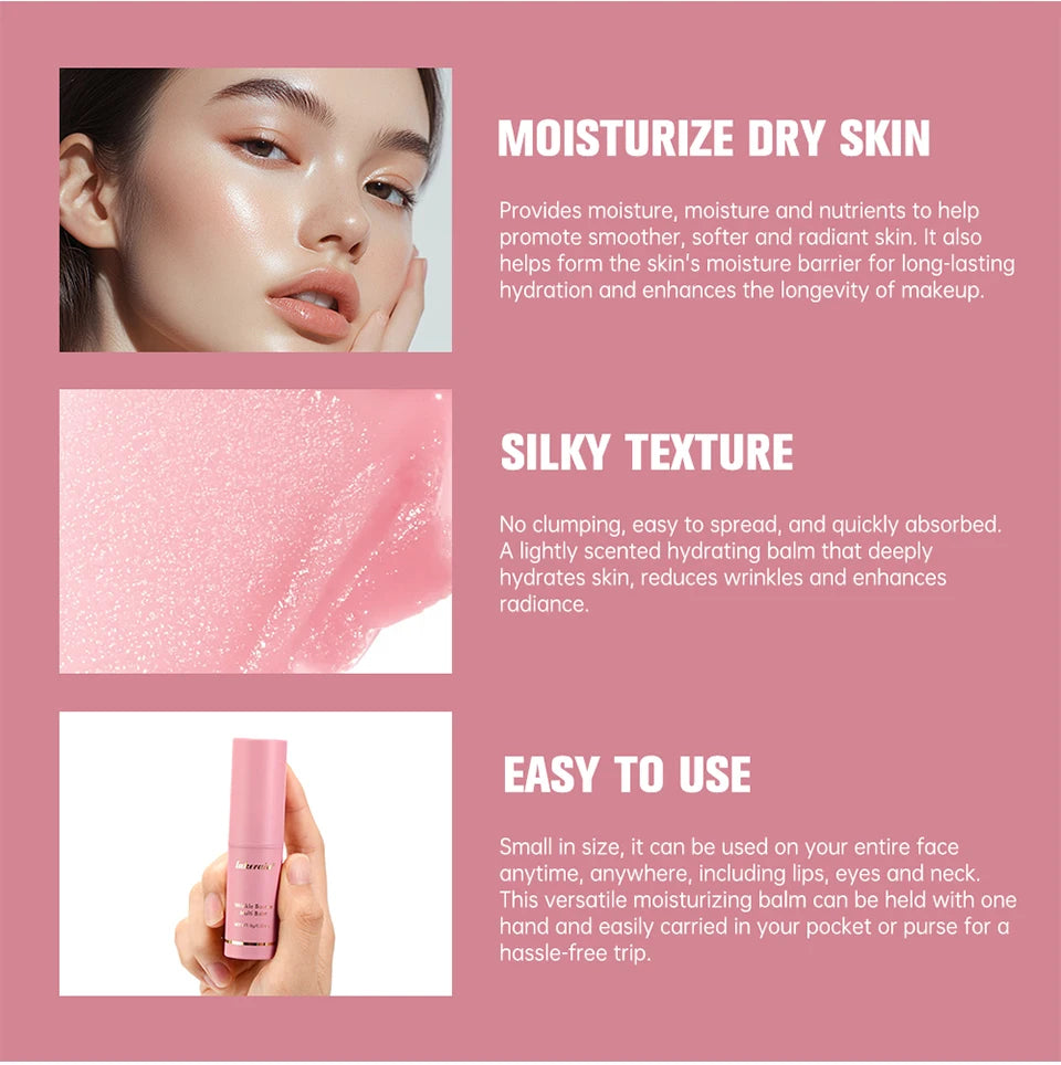 Pink twist-up moisturizing balm stick for face and lips. Features a silky, hydrating texture for radiant skin.