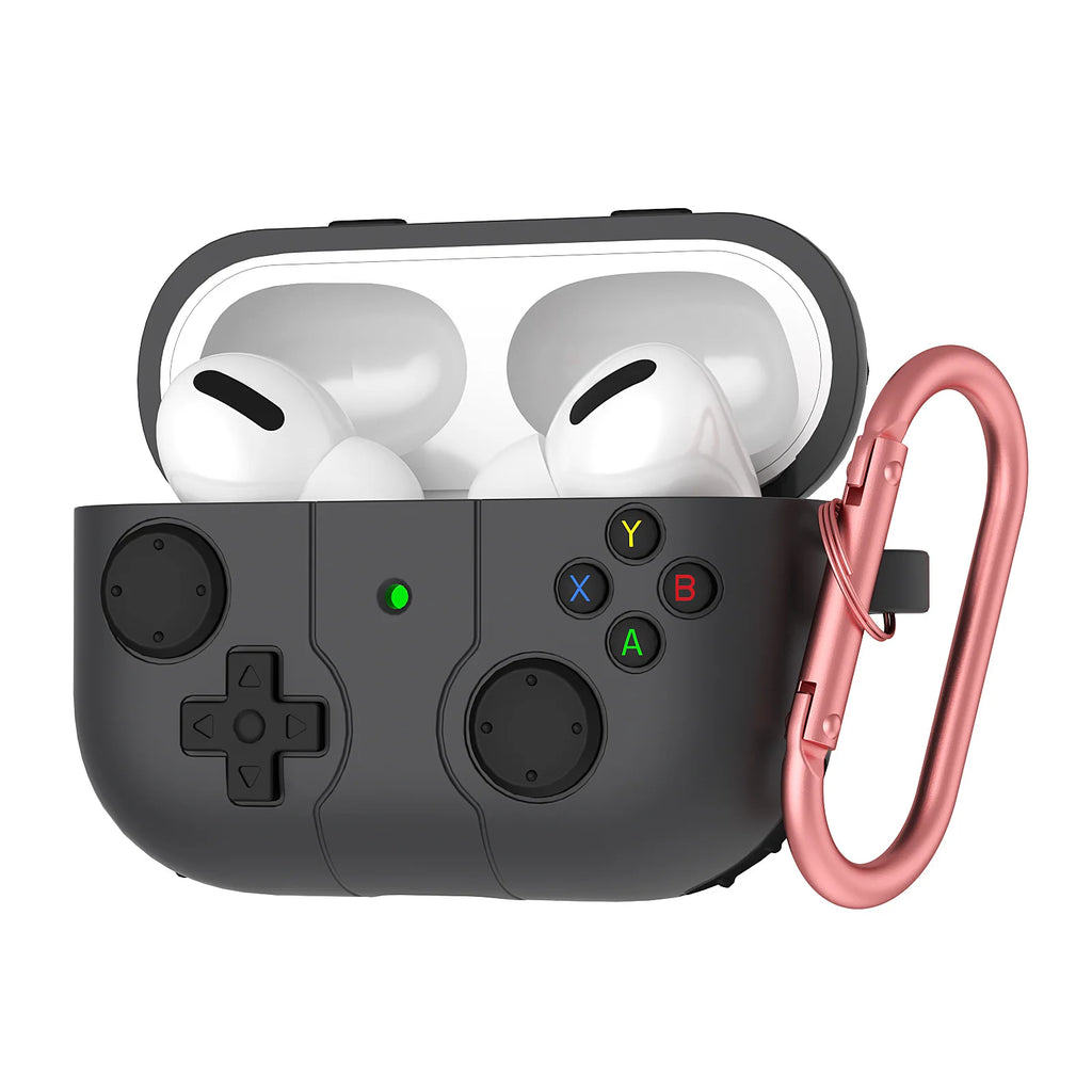 Black silicone AirPods Pro case featuring a retro game controller design with a rose gold carabiner.