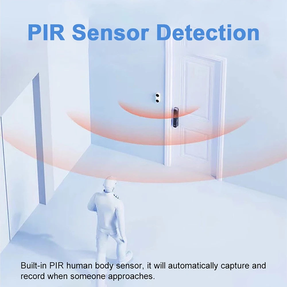 Wireless black smart doorbell mounted on a door, using infrared waves to detect an approaching person.