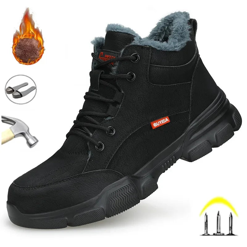 Black leather safety work boot with plush gray lining, black laces, and thick lugged sole with steel toe.