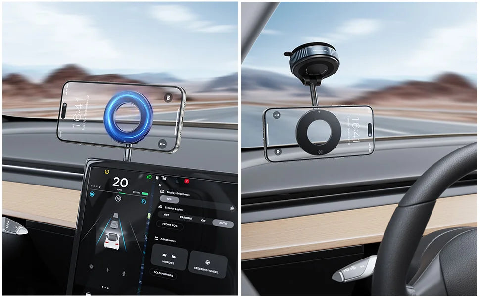 Magnetic car phone mount with a sleek black ring design, shown attached to a car dashboard and windshield.