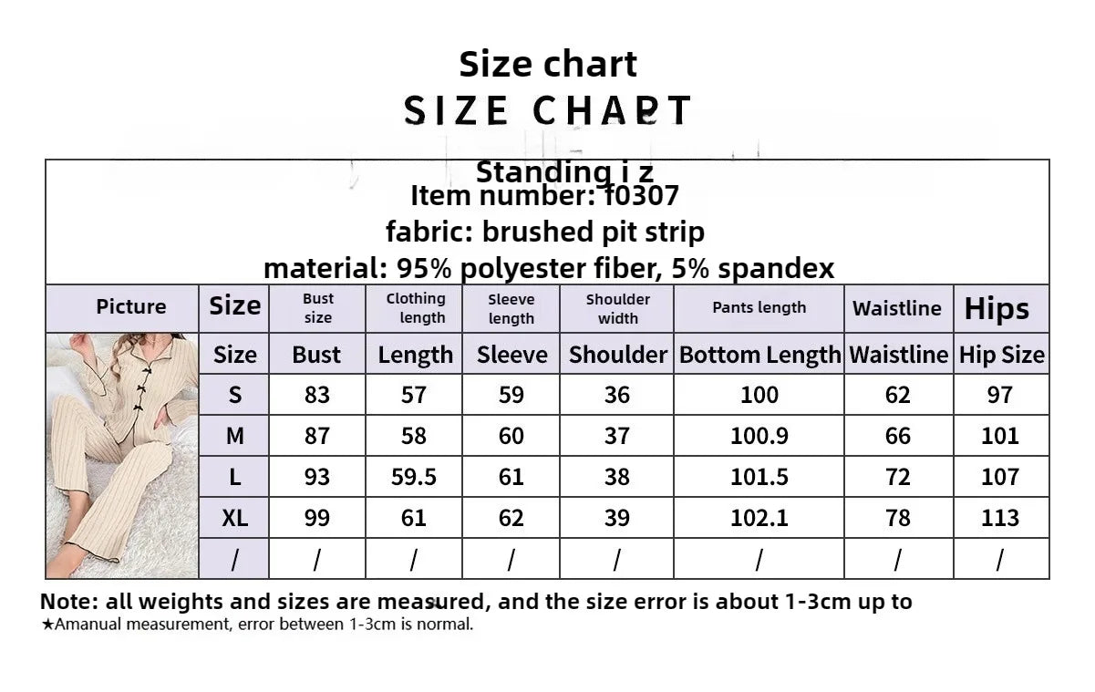 Size chart for beige, ribbed long-sleeve lounge set with button-front top and wide-leg trousers. Measurements in cm.