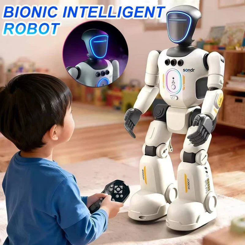 A young boy uses a remote to control a white and black humanoid robot with blue glowing lights on its head and chest.