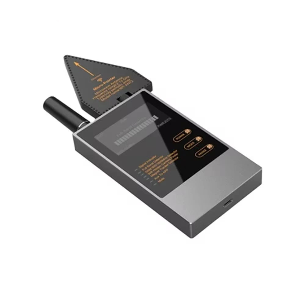 Portable grey wireless signal detector with an arrow-shaped directional antenna and digital display screen.