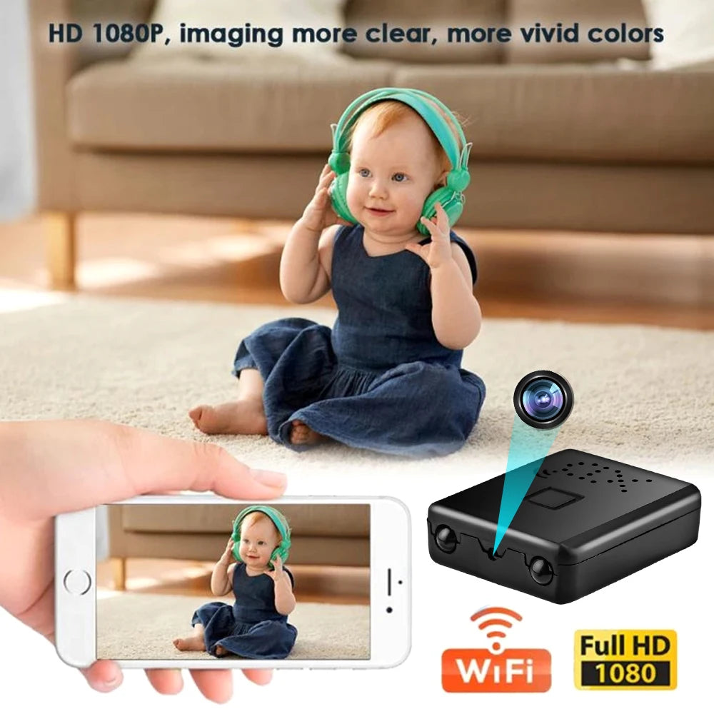 Small black plastic hidden WiFi camera with 1080p resolution, shown being viewed on a smartphone.