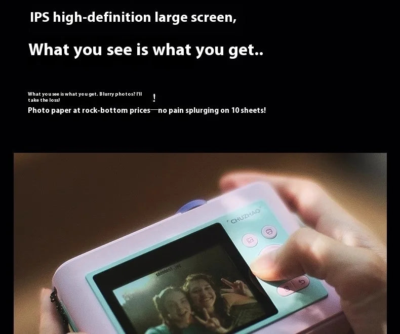 A handheld, pink and mint-colored portable photo printer with an IPS screen displaying a photo of two people.