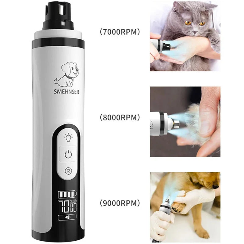 White electric pet nail grinder with LED light, speed settings, and digital display, shown in use on pet paws.