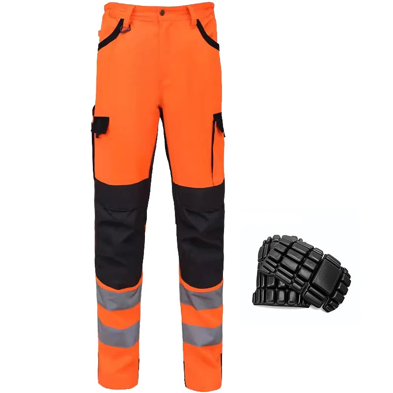 Orange and black work trousers with reflective strips, cargo pockets, and a pair of separate black foam knee pads.