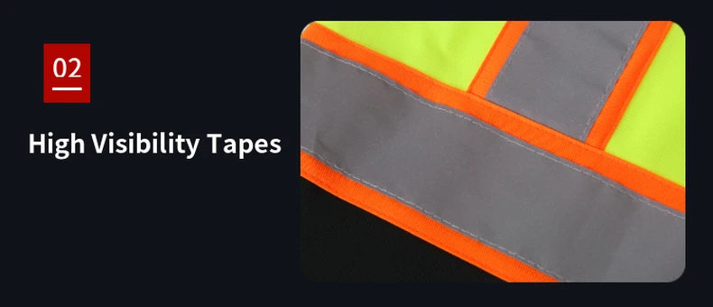 Close-up of bright neon yellow workwear fabric featuring silver reflective strips with orange trim.