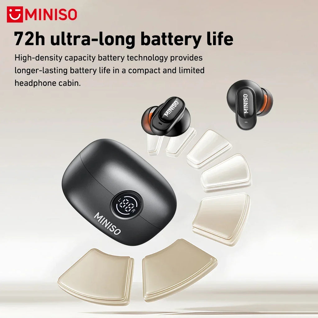 Black wireless earbuds with a matching charging case featuring a digital LED battery display.