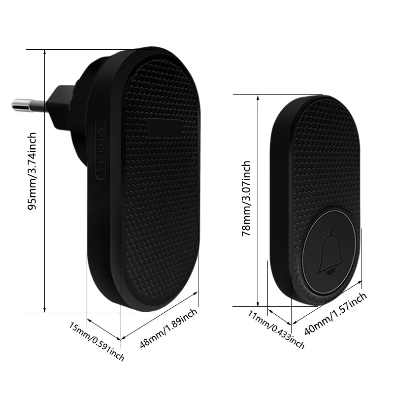 Black wireless doorbell set with textured finish, consisting of a plug-in chime unit and a bell push button.