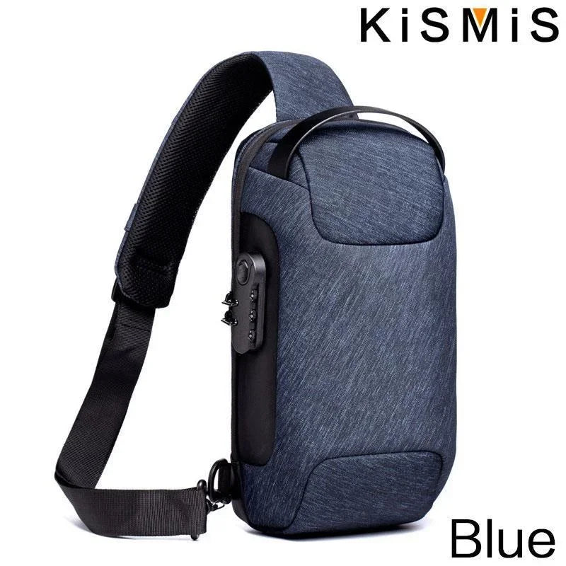 Blue waterproof anti-theft crossbody bag with a slim, modern design, shoulder strap, and integrated USB charging port.