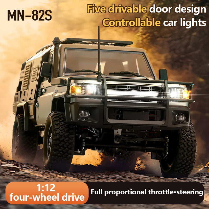 Grey 1:12 4WD RC off-road climbing truck with roof rack, front bull bar, and lit headlights.