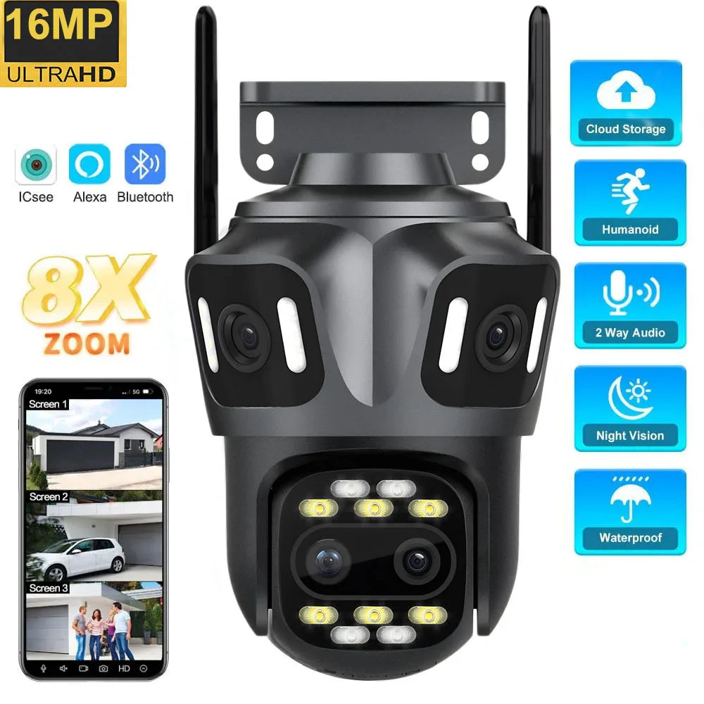 16MP black outdoor security camera with four lenses, dual antennas, night vision, and 8x zoom capabilities.