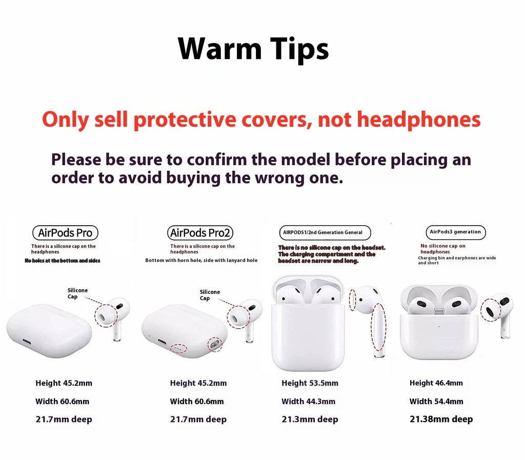 Size guide for protective silicone AirPods cases, comparing Pro, Pro 2, 1/2nd Gen, and 3rd Generation models.