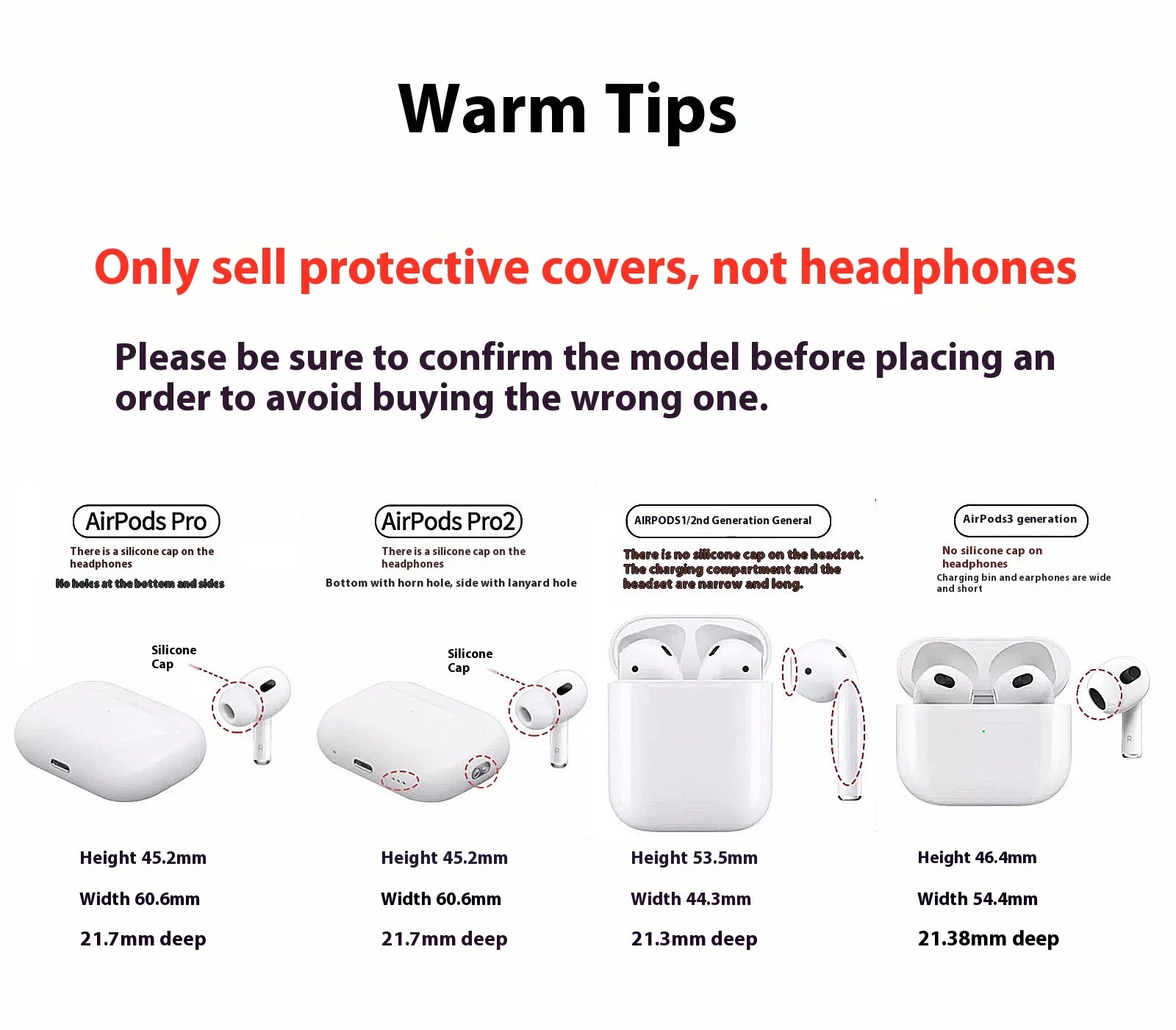 Size guide for protective silicone AirPods cases, comparing Pro, Pro 2, 1/2nd Gen, and 3rd Generation models.