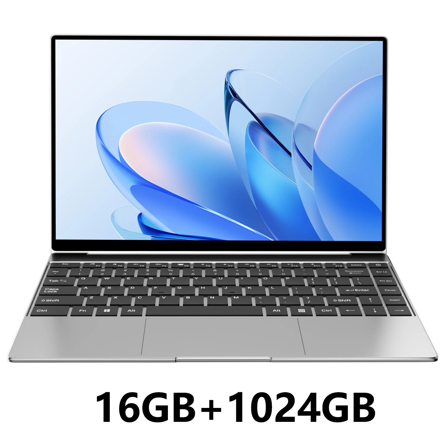 Slim silver laptop with 14.1-inch screen, black keyboard, large trackpad, and vivid blue abstract wallpaper display.