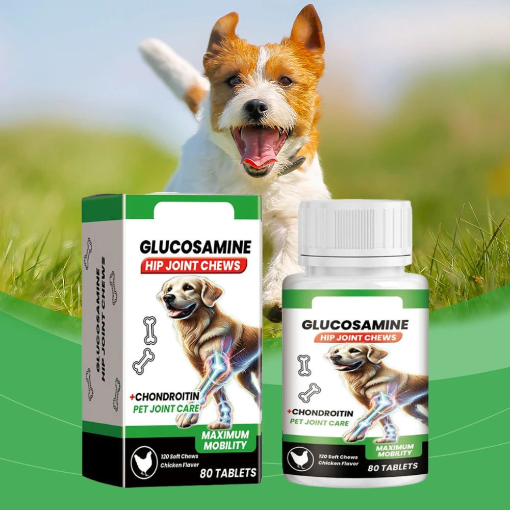 Glucosamine and chondroitin hip and joint chews for dogs, chicken flavoured, in a white bottle and matching box.
