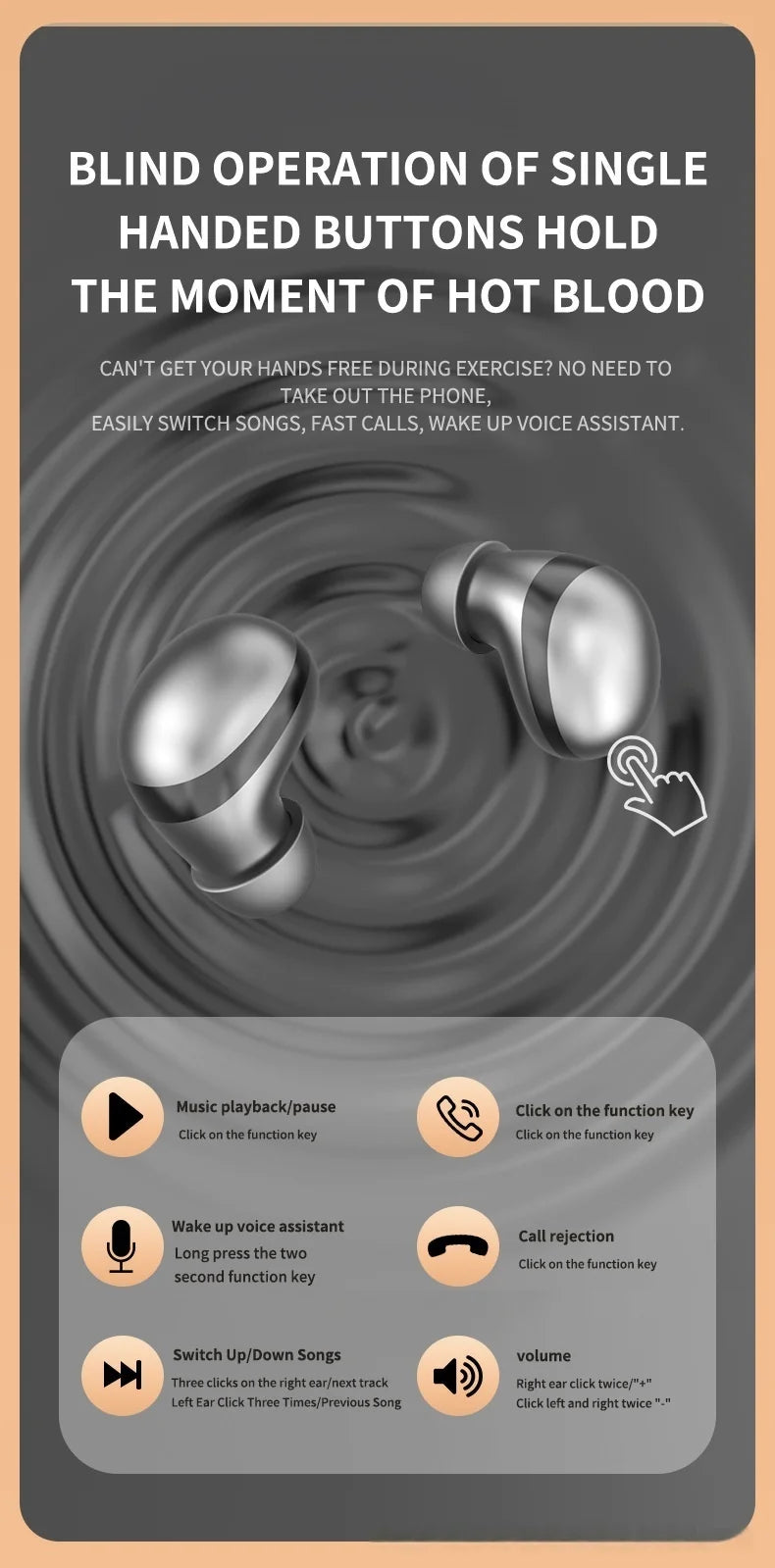 Silver wireless earbuds on a dark ripple background with an infographic explaining touch control functions.