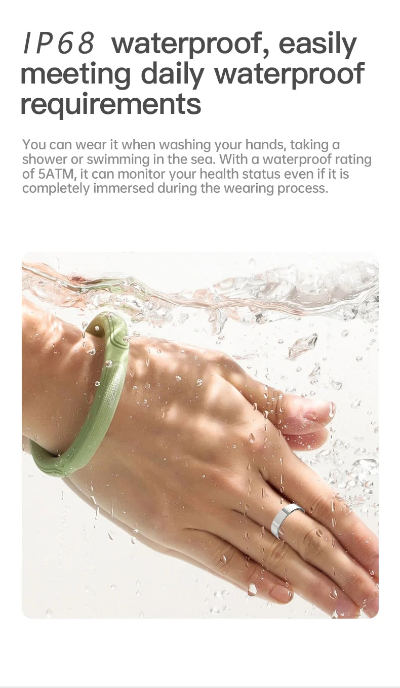 A slim, silver smart health ring worn on a finger submerged in water, highlighting its waterproof design.