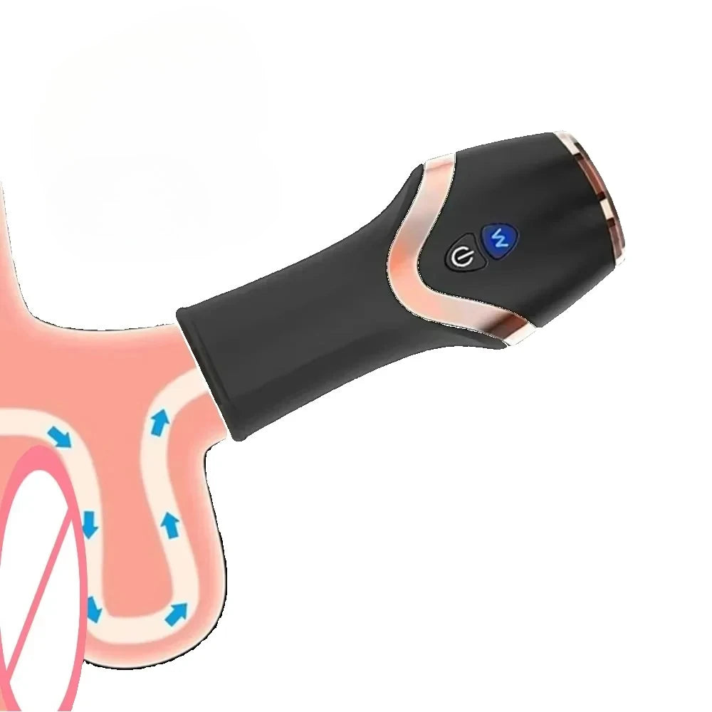 Black and rose-gold automatic masturbation cup with two control buttons, shown with an illustrative usage diagram.