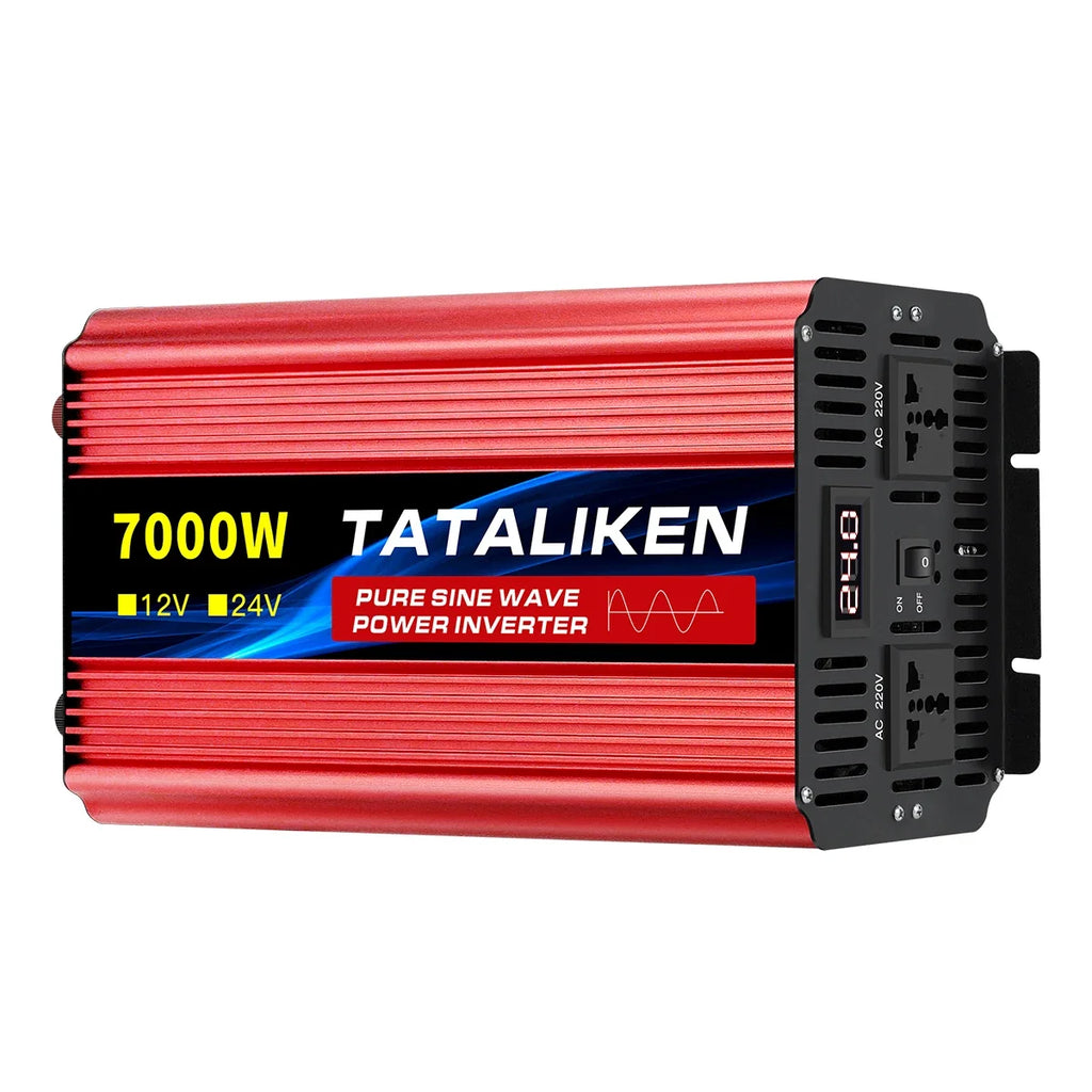 Red 7000W pure sine wave power inverter with dual AC outlets, digital display, and 12V/24V input compatibility.