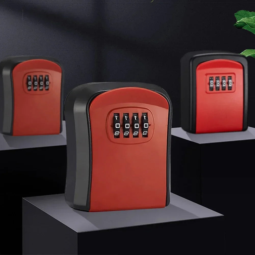 Red and black metal wall-mounted key lock boxes with 4-digit mechanical combination dials.