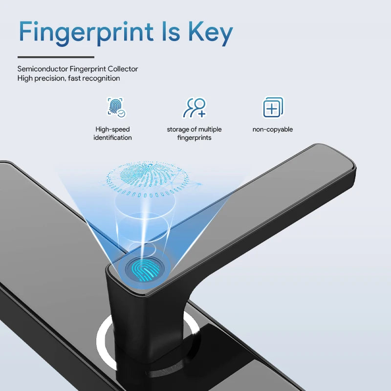 Sleek black smart door handle featuring a high-precision, secure fingerprint scanner for quick, keyless entry.