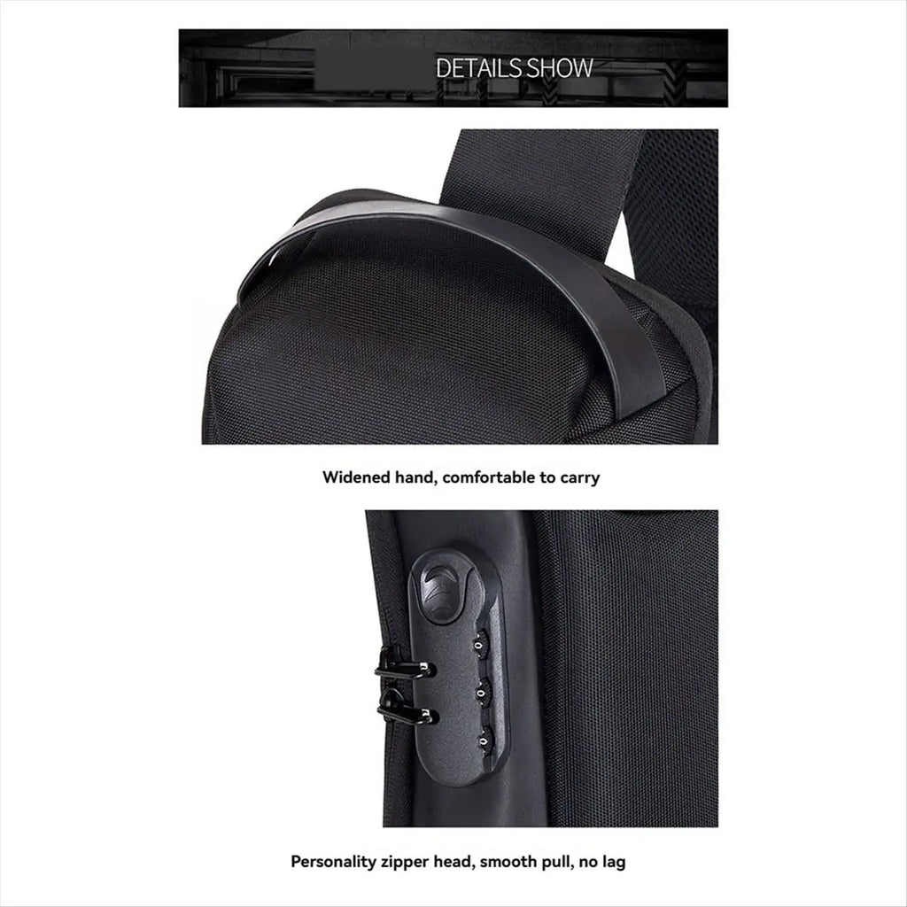 Close-up of a black waterproof crossbody bag showing a comfortable carry handle and an integrated anti-theft code lock.
