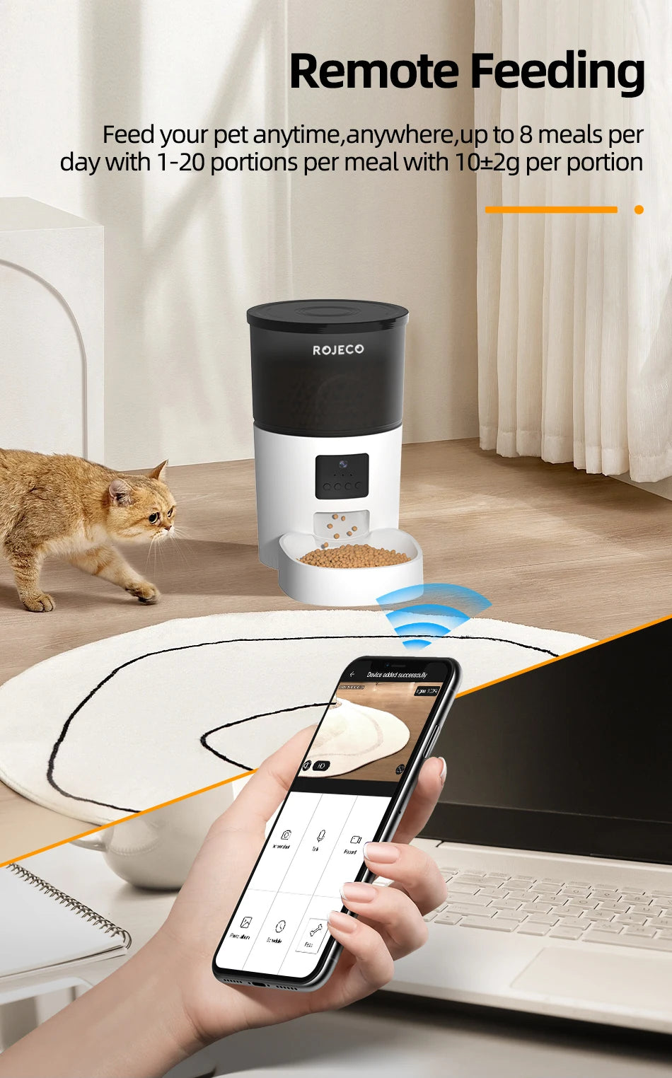 White and black smart automatic pet feeder with a camera, controlled via a smartphone app.