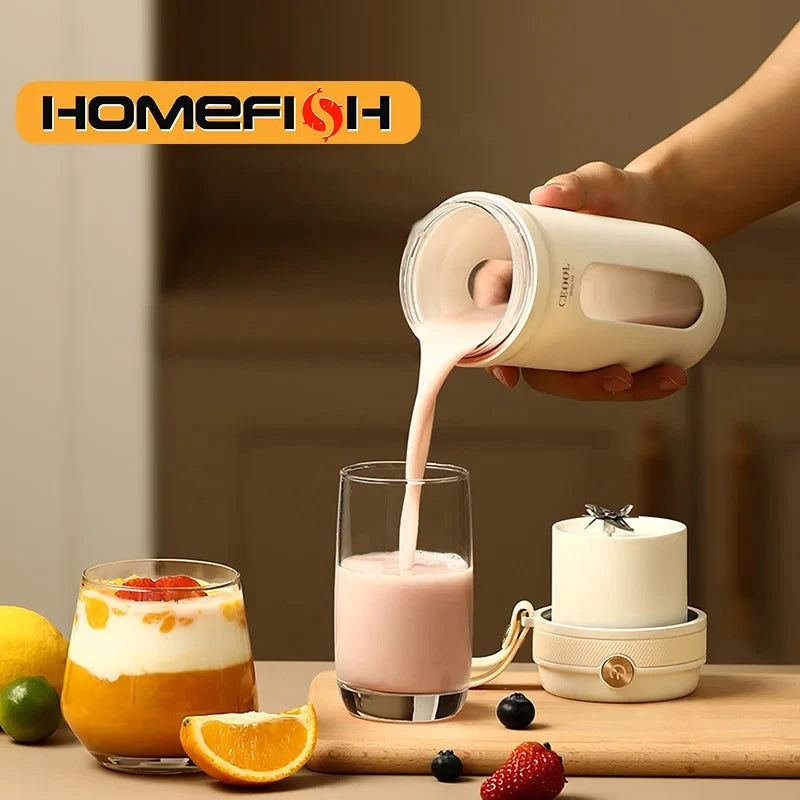 Cream-colored portable blender pouring a pink smoothie into a glass on a wooden cutting board with fresh fruit nearby.