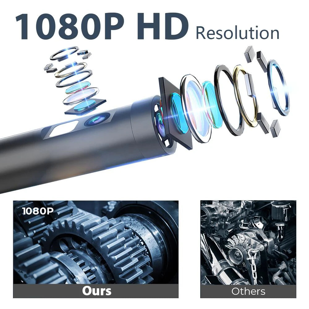 Exploded view of a black industrial inspection camera lens, highlighting 1080p HD resolution versus a standard camera.