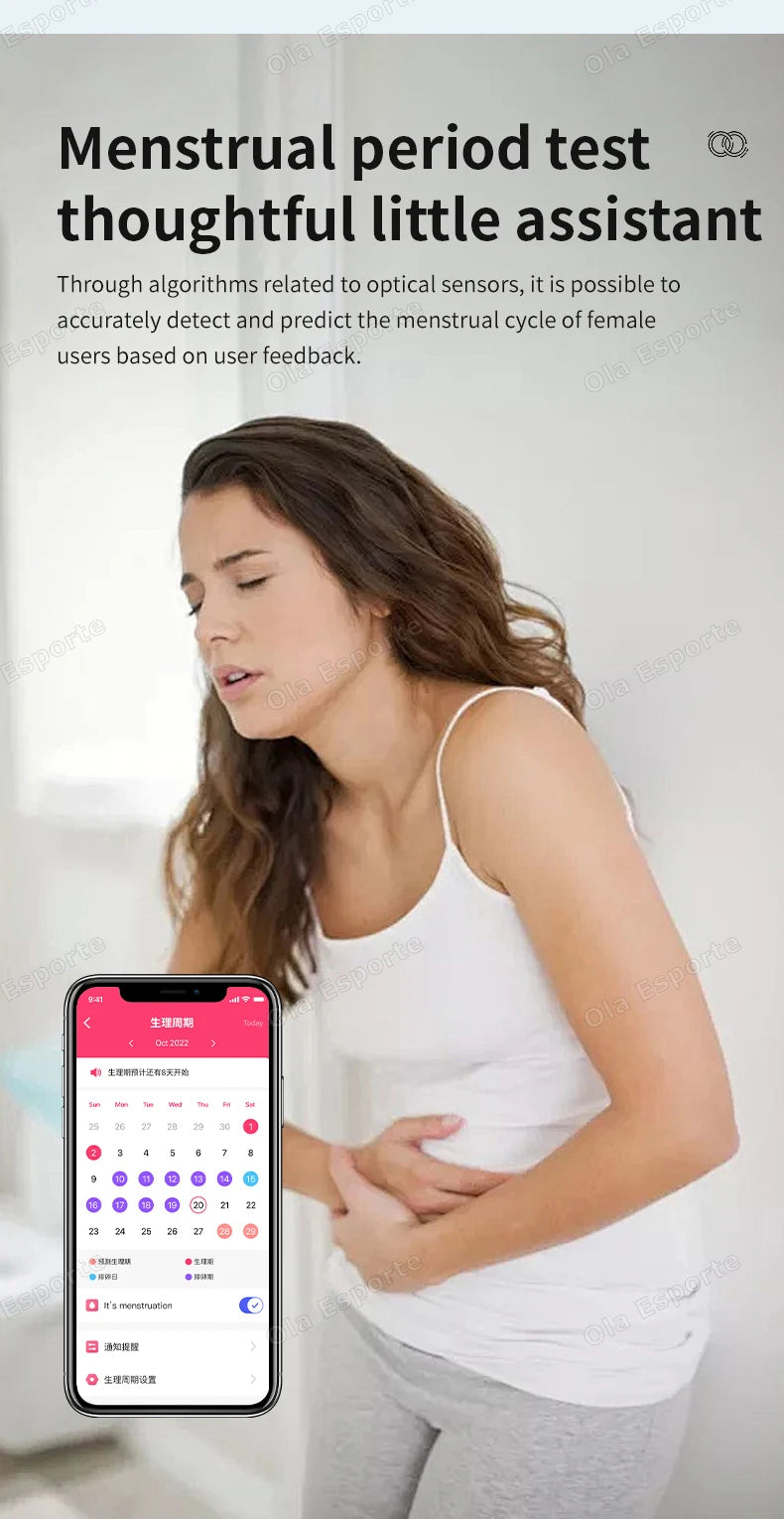 A woman in discomfort next to a smartphone screen displaying a menstrual cycle tracking app interface.